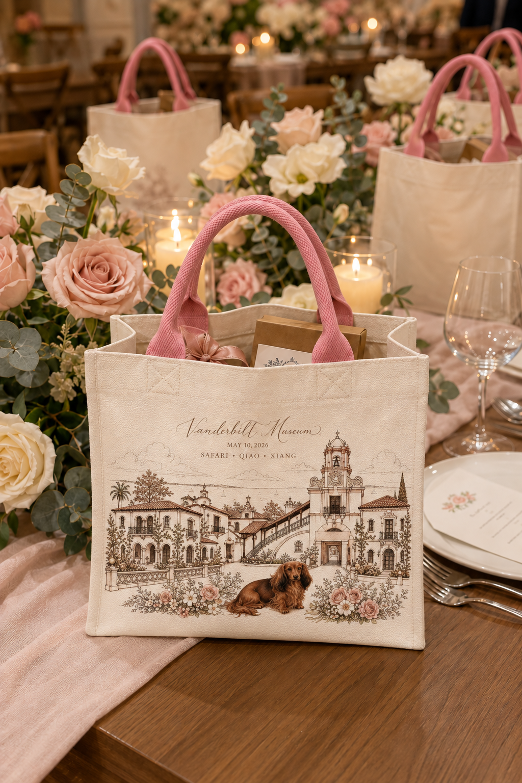 Cream-colored tote with pink handles, a Vanderbilt Museum illustration, flowers, and Safari, on a wedding table